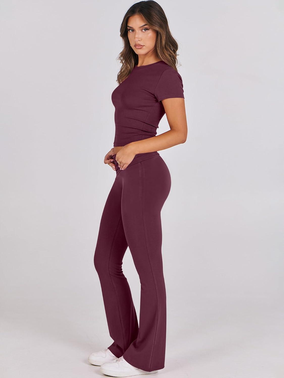 imageANRABESS Lounge Sets for Women 2 Piece Foldover Yoga Flare Leggings Pants Crop Tops Casual Y2K Outfits Matching Tracksuit SetBurgundy