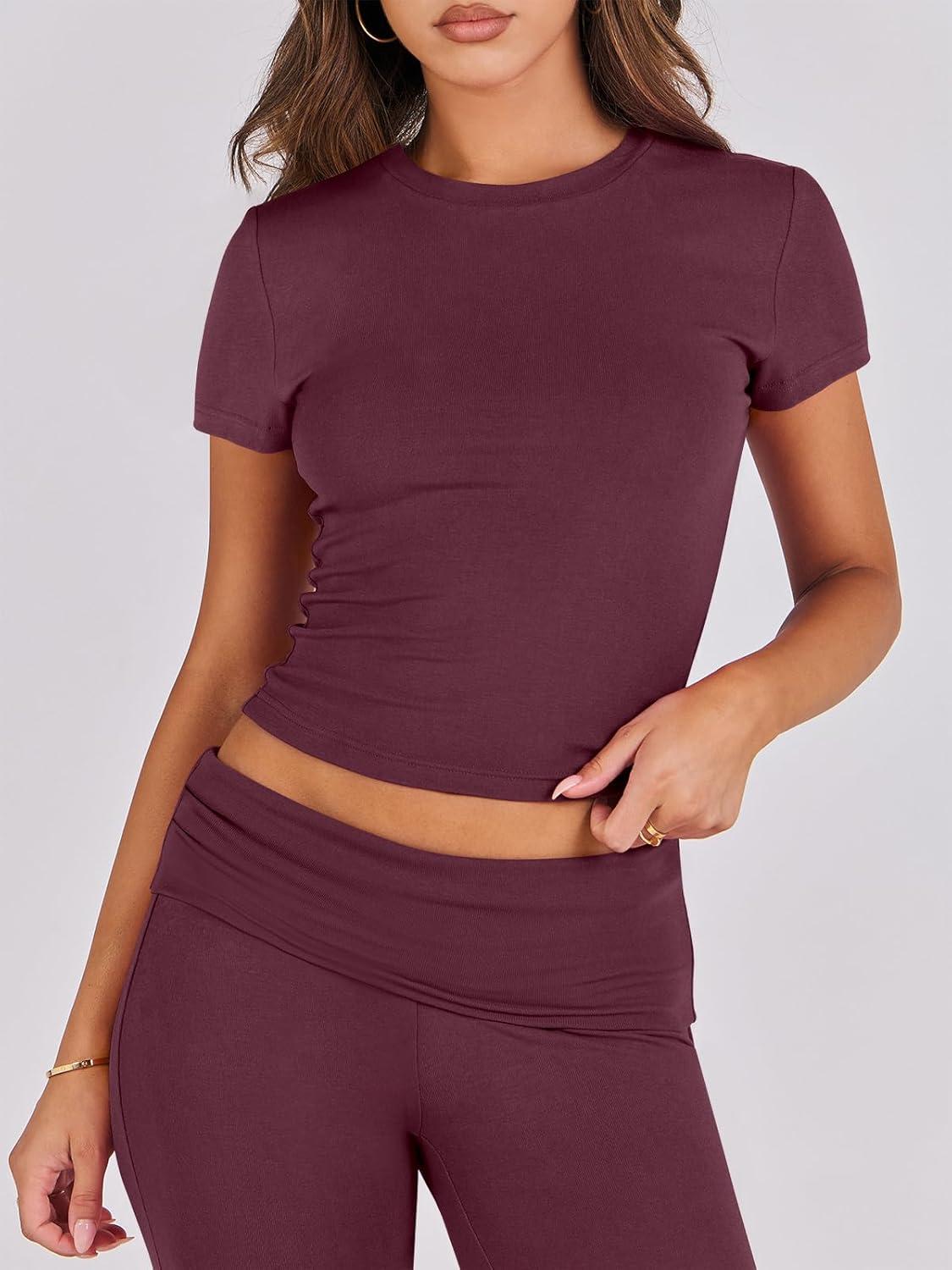 imageANRABESS Lounge Sets for Women 2 Piece Foldover Yoga Flare Leggings Pants Crop Tops Casual Y2K Outfits Matching Tracksuit SetBurgundy