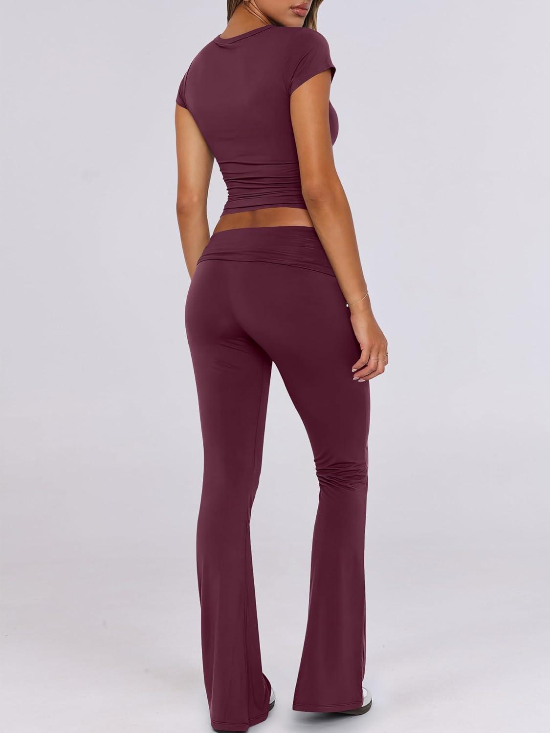 imageANRABESS Lounge Sets for Women 2 Piece Foldover Yoga Flare Leggings Pants Crop Tops Casual Y2K Outfits Matching Tracksuit SetBurgundy