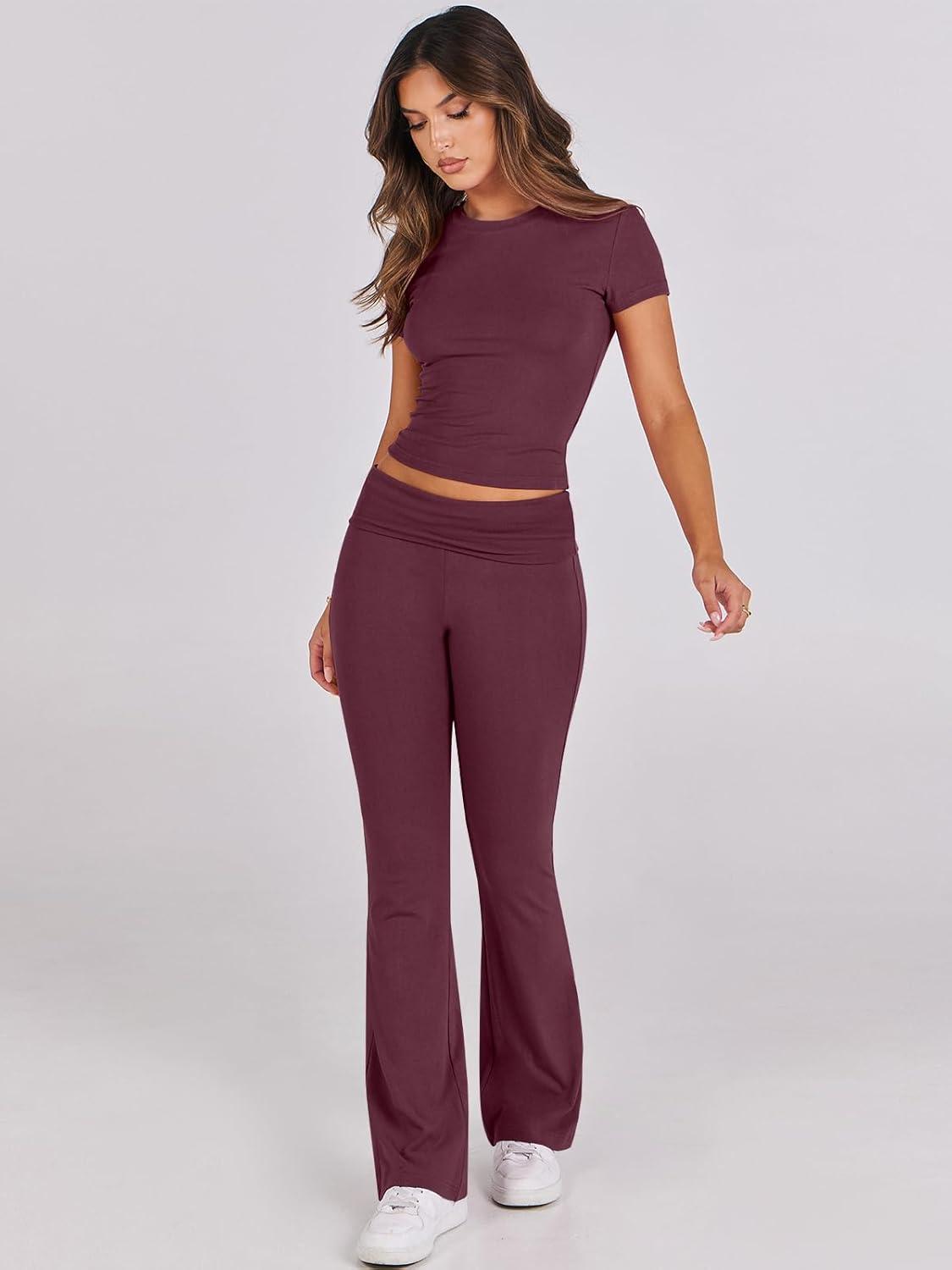 imageANRABESS Lounge Sets for Women 2 Piece Foldover Yoga Flare Leggings Pants Crop Tops Casual Y2K Outfits Matching Tracksuit SetBurgundy