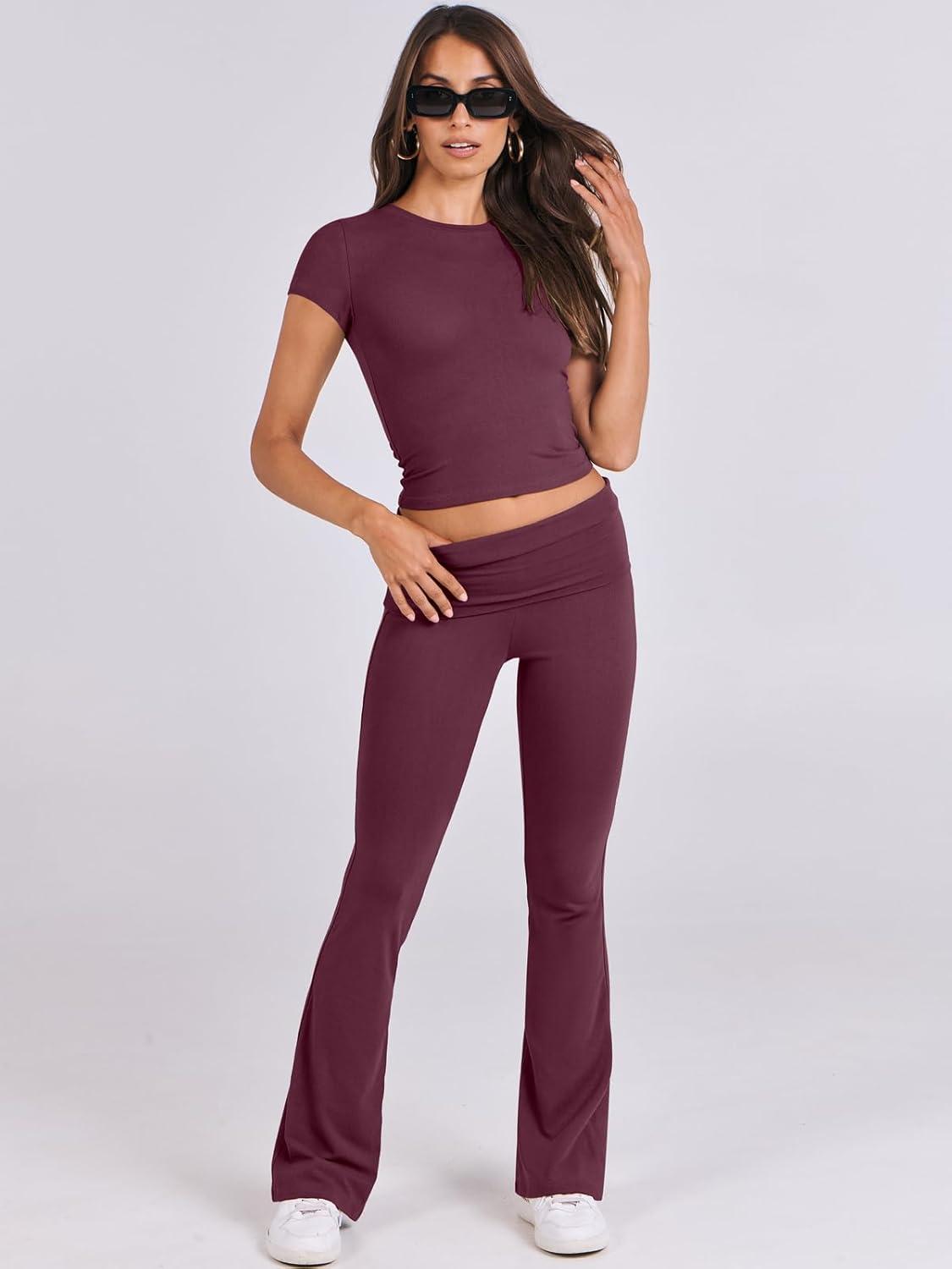 imageANRABESS Lounge Sets for Women 2 Piece Foldover Yoga Flare Leggings Pants Crop Tops Casual Y2K Outfits Matching Tracksuit SetBurgundy