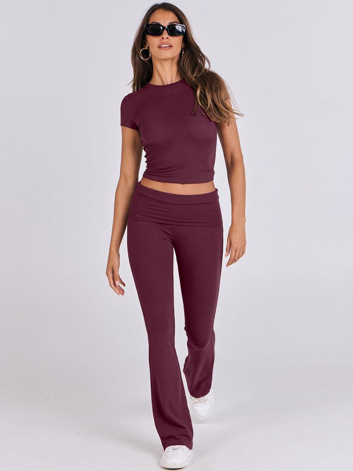 imageANRABESS Lounge Sets for Women 2 Piece Foldover Yoga Flare Leggings Pants Crop Tops Casual Y2K Outfits Matching Tracksuit SetBurgundy