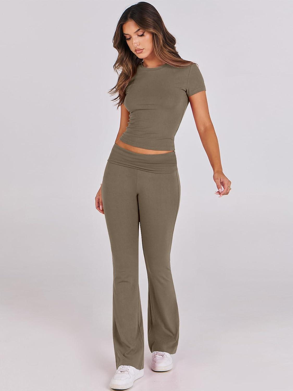 imageANRABESS Lounge Sets for Women 2 Piece Foldover Yoga Flare Leggings Pants Crop Tops Casual Y2K Outfits Matching Tracksuit SetCoffee Grey