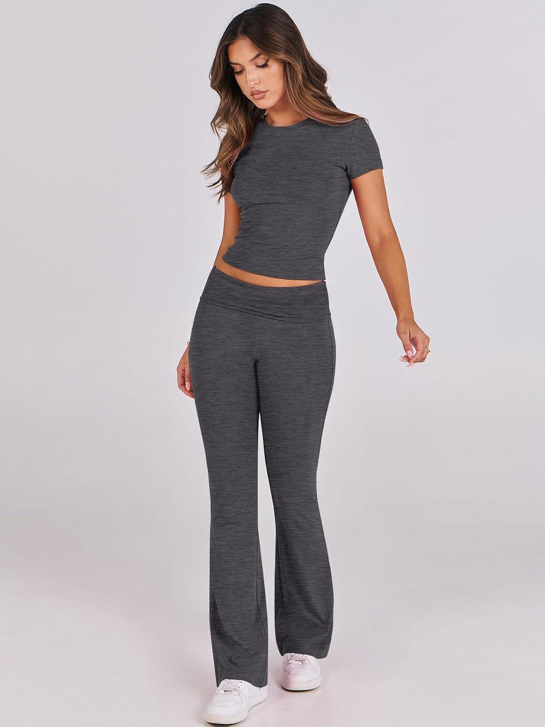 imageANRABESS Lounge Sets for Women 2 Piece Foldover Yoga Flare Leggings Pants Crop Tops Casual Y2K Outfits Matching Tracksuit SetDark Gray