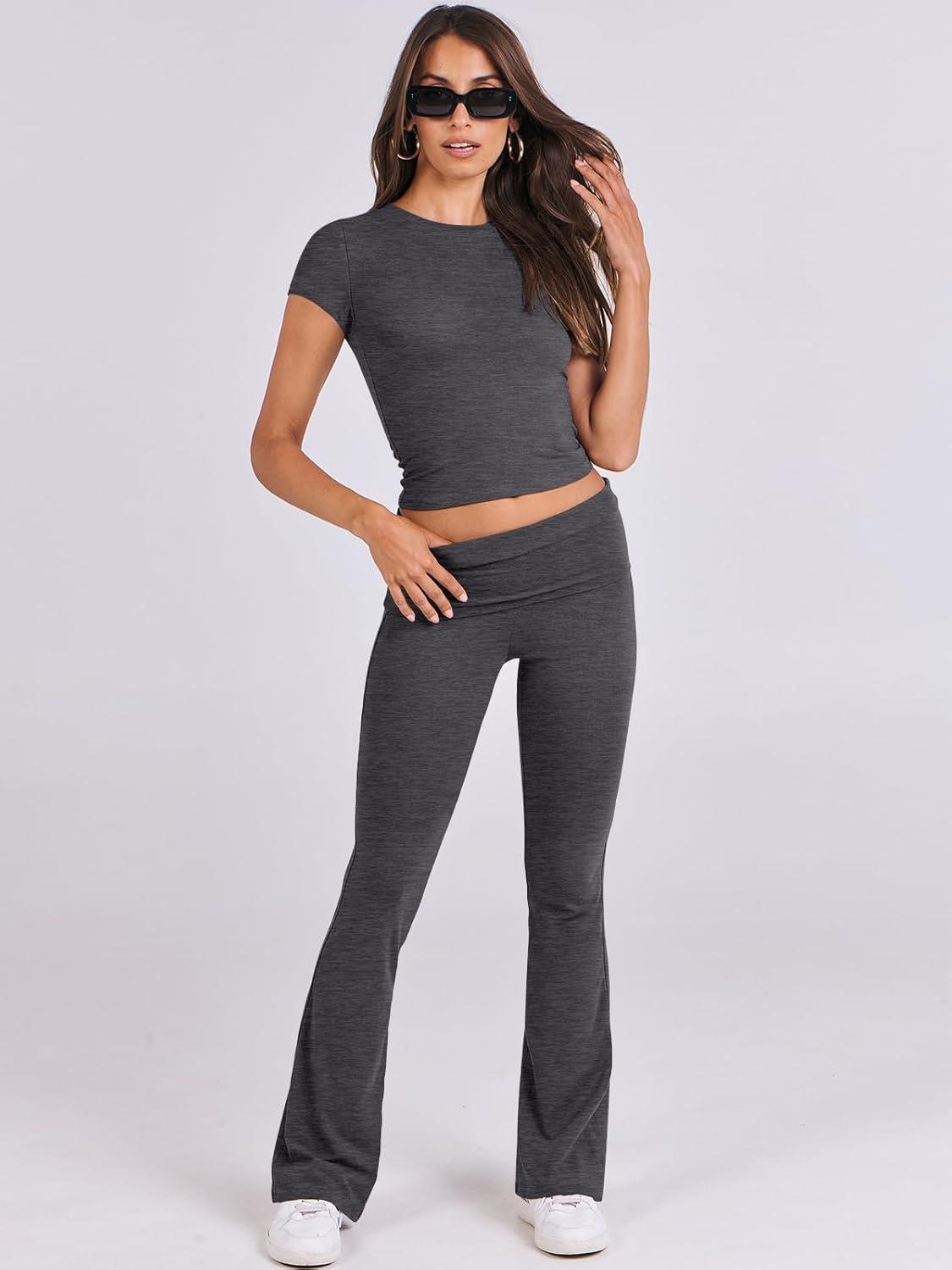 imageANRABESS Lounge Sets for Women 2 Piece Foldover Yoga Flare Leggings Pants Crop Tops Casual Y2K Outfits Matching Tracksuit SetDark Gray