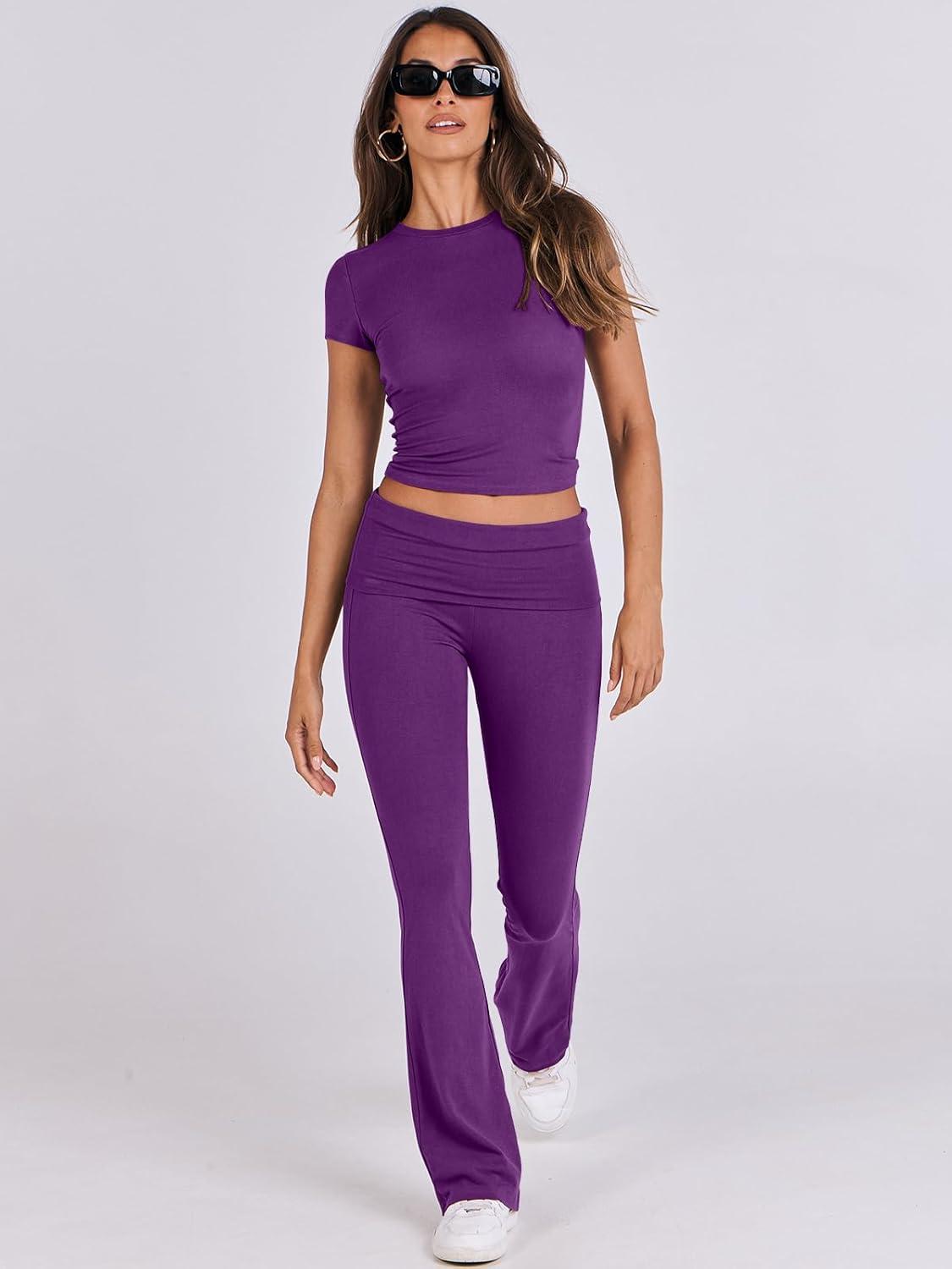 imageANRABESS Lounge Sets for Women 2 Piece Foldover Yoga Flare Leggings Pants Crop Tops Casual Y2K Outfits Matching Tracksuit SetDeep Purple