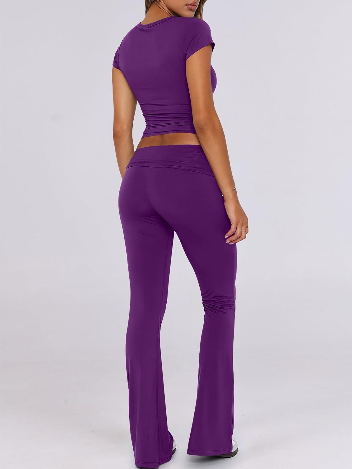 imageANRABESS Lounge Sets for Women 2 Piece Foldover Yoga Flare Leggings Pants Crop Tops Casual Y2K Outfits Matching Tracksuit SetDeep Purple