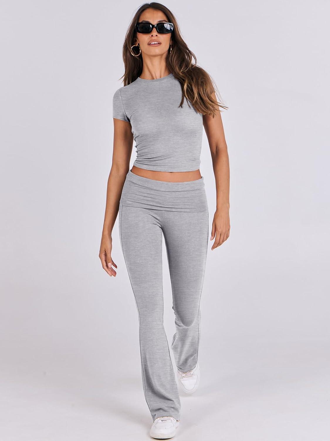 imageANRABESS Lounge Sets for Women 2 Piece Foldover Yoga Flare Leggings Pants Crop Tops Casual Y2K Outfits Matching Tracksuit SetGrey