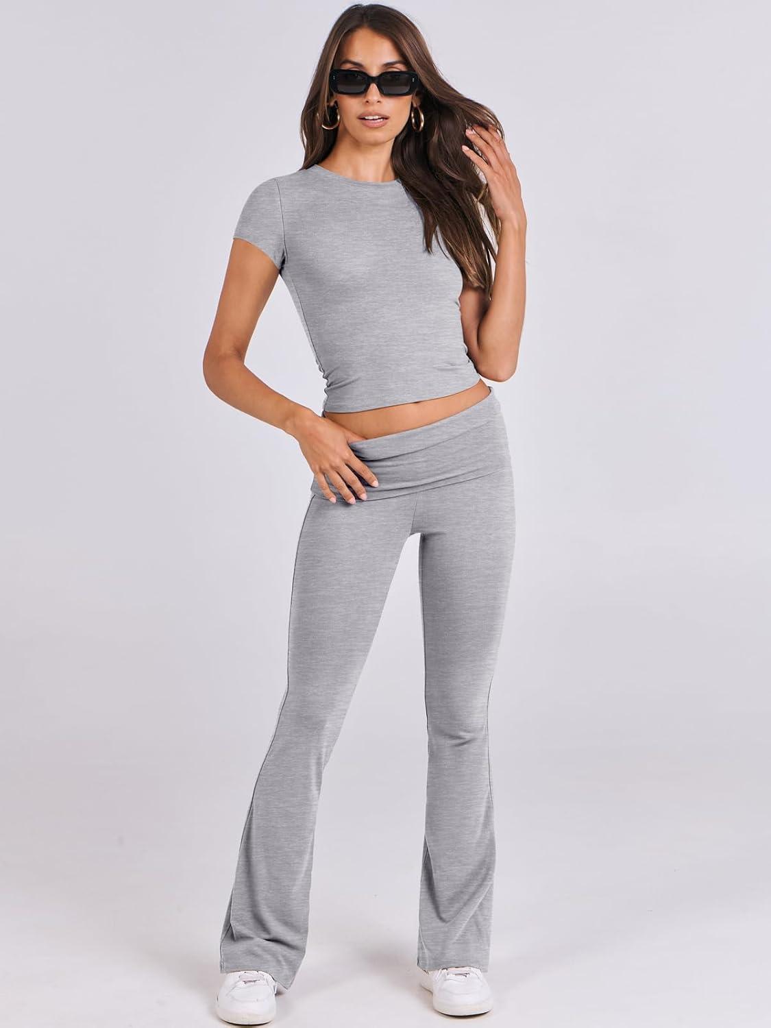 imageANRABESS Lounge Sets for Women 2 Piece Foldover Yoga Flare Leggings Pants Crop Tops Casual Y2K Outfits Matching Tracksuit SetGrey