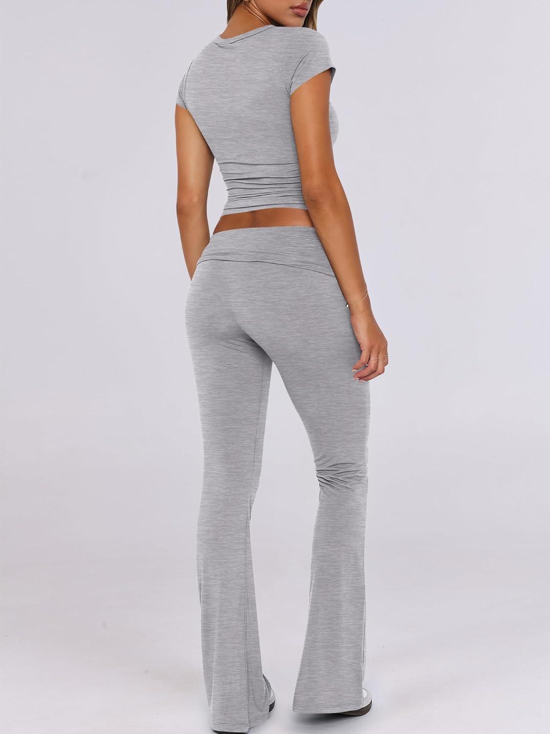 imageANRABESS Lounge Sets for Women 2 Piece Foldover Yoga Flare Leggings Pants Crop Tops Casual Y2K Outfits Matching Tracksuit SetGrey