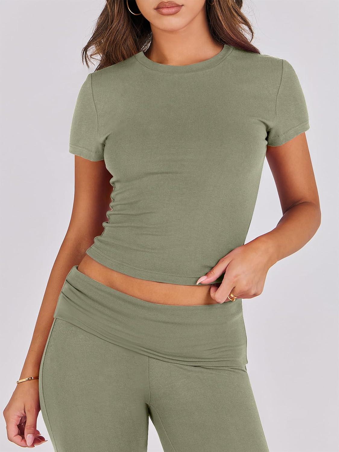 imageANRABESS Lounge Sets for Women 2 Piece Foldover Yoga Flare Leggings Pants Crop Tops Casual Y2K Outfits Matching Tracksuit SetOlive