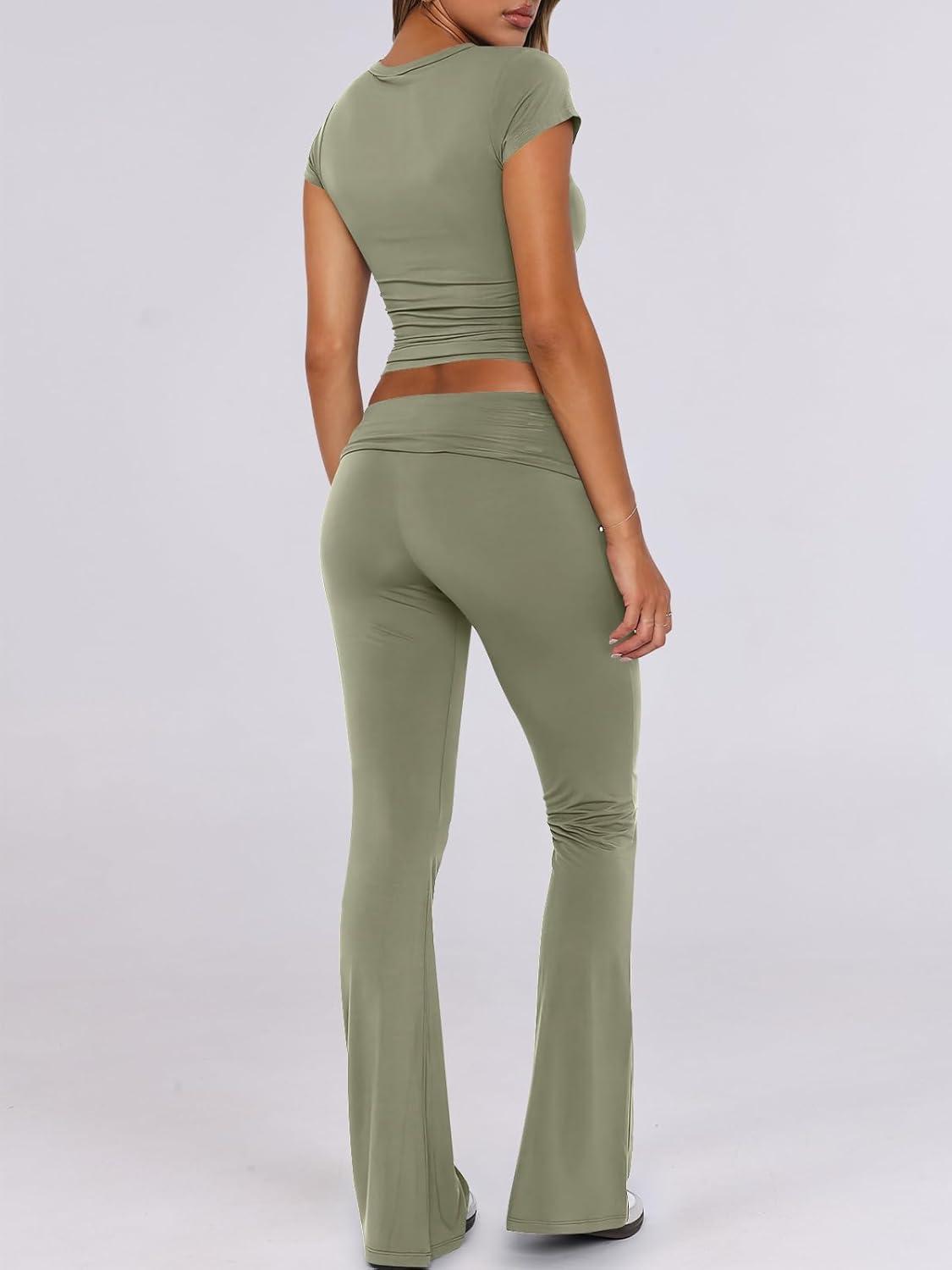 imageANRABESS Lounge Sets for Women 2 Piece Foldover Yoga Flare Leggings Pants Crop Tops Casual Y2K Outfits Matching Tracksuit SetOlive