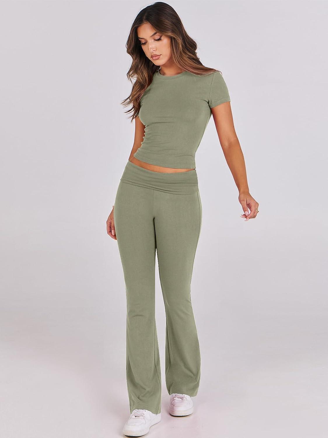 imageANRABESS Lounge Sets for Women 2 Piece Foldover Yoga Flare Leggings Pants Crop Tops Casual Y2K Outfits Matching Tracksuit SetOlive