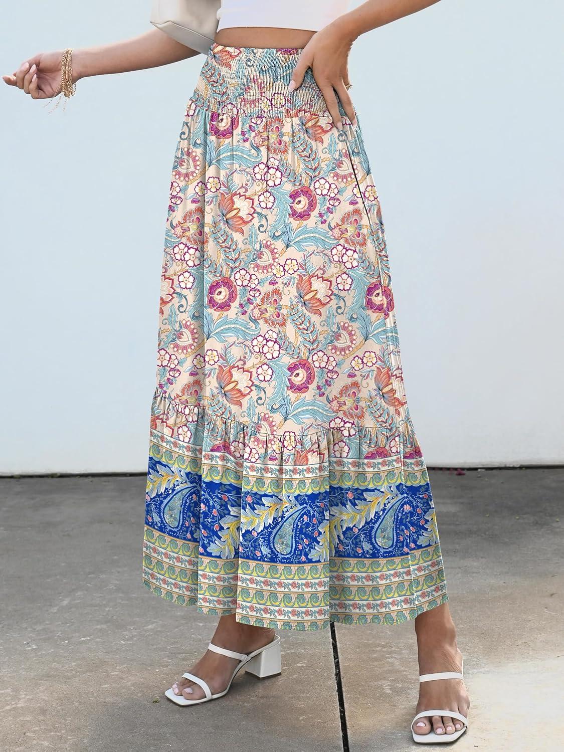 imageANRABESS Maxi Skirts for Women 2025 Summer Boho Long Flowy Floral Elastic High Waist Skirt Casual Travel Skirt with PocketsApricot