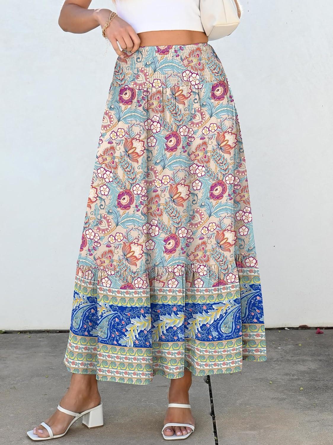 imageANRABESS Maxi Skirts for Women 2025 Summer Boho Long Flowy Floral Elastic High Waist Skirt Casual Travel Skirt with PocketsApricot