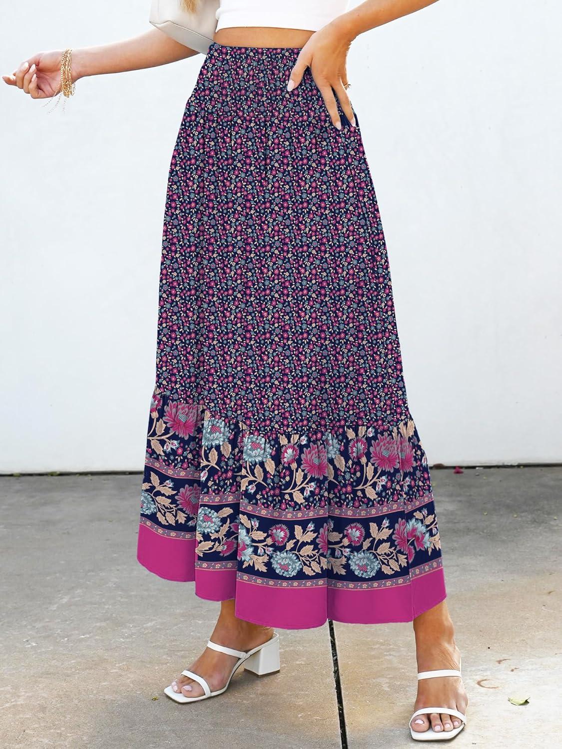 imageANRABESS Maxi Skirts for Women 2025 Summer Boho Long Flowy Floral Elastic High Waist Skirt Casual Travel Skirt with PocketsDeep Purple Floral