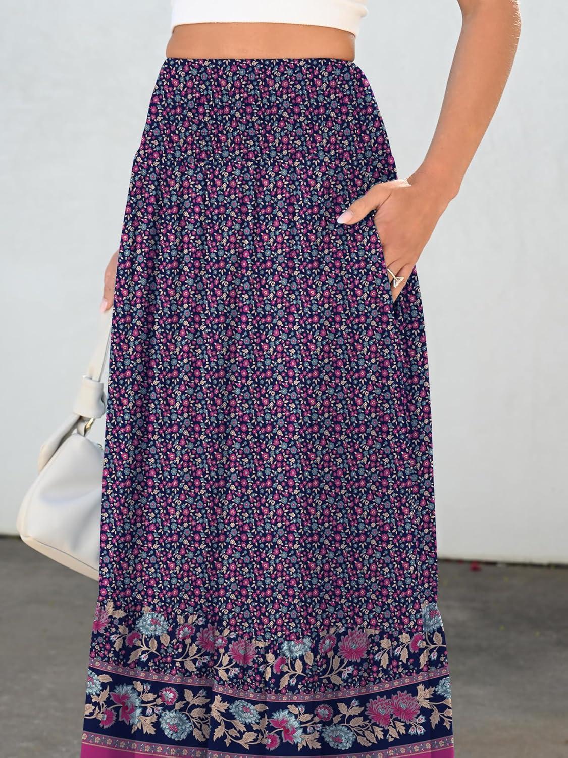 imageANRABESS Maxi Skirts for Women 2025 Summer Boho Long Flowy Floral Elastic High Waist Skirt Casual Travel Skirt with PocketsDeep Purple Floral