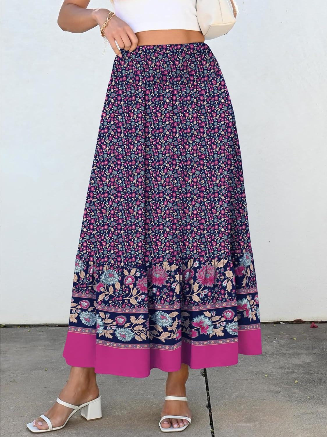 imageANRABESS Maxi Skirts for Women 2025 Summer Boho Long Flowy Floral Elastic High Waist Skirt Casual Travel Skirt with PocketsDeep Purple Floral