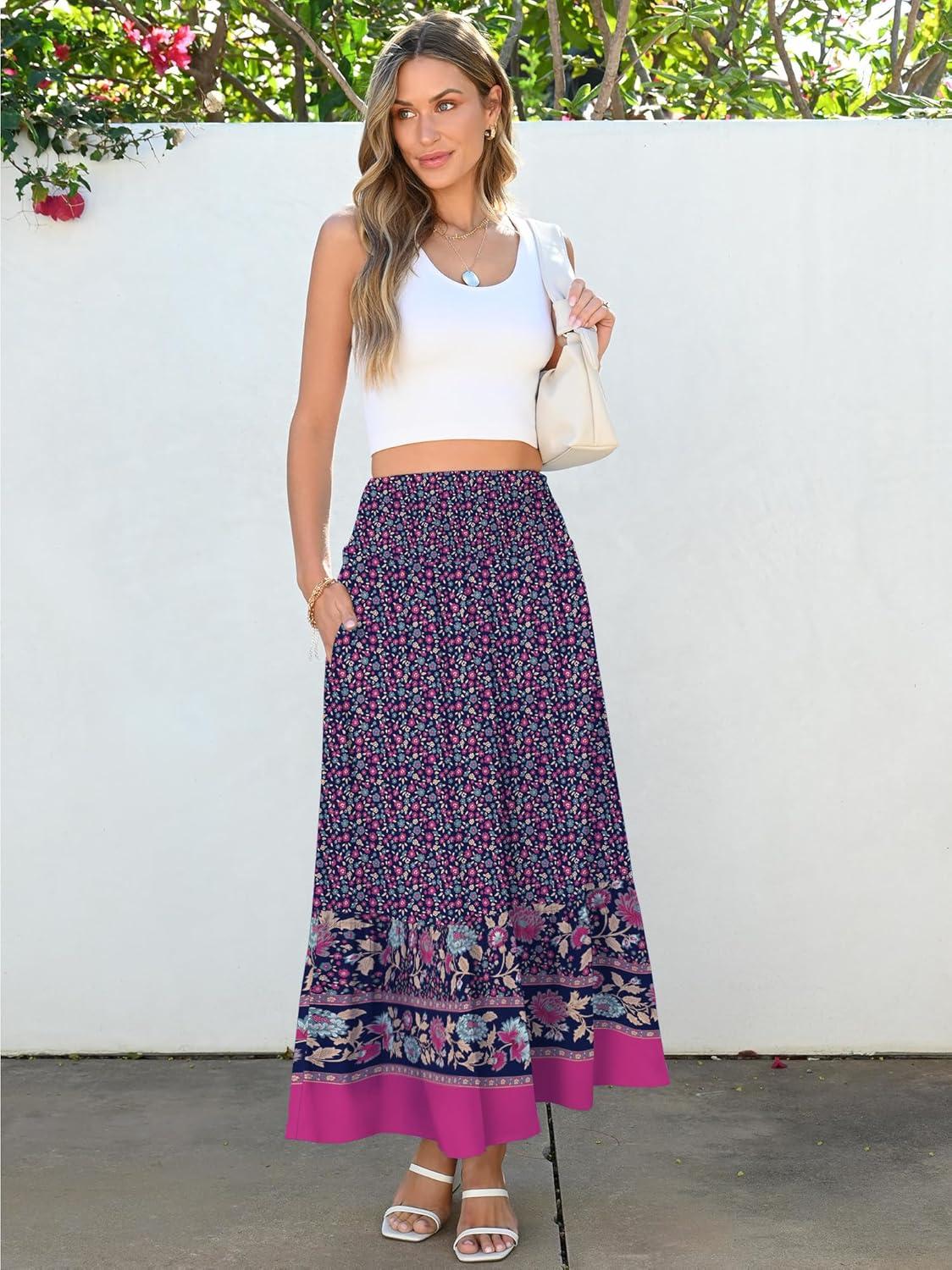 imageANRABESS Maxi Skirts for Women 2025 Summer Boho Long Flowy Floral Elastic High Waist Skirt Casual Travel Skirt with PocketsDeep Purple Floral