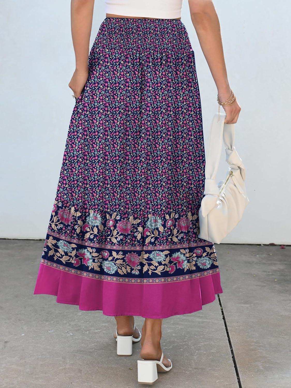 imageANRABESS Maxi Skirts for Women 2025 Summer Boho Long Flowy Floral Elastic High Waist Skirt Casual Travel Skirt with PocketsDeep Purple Floral