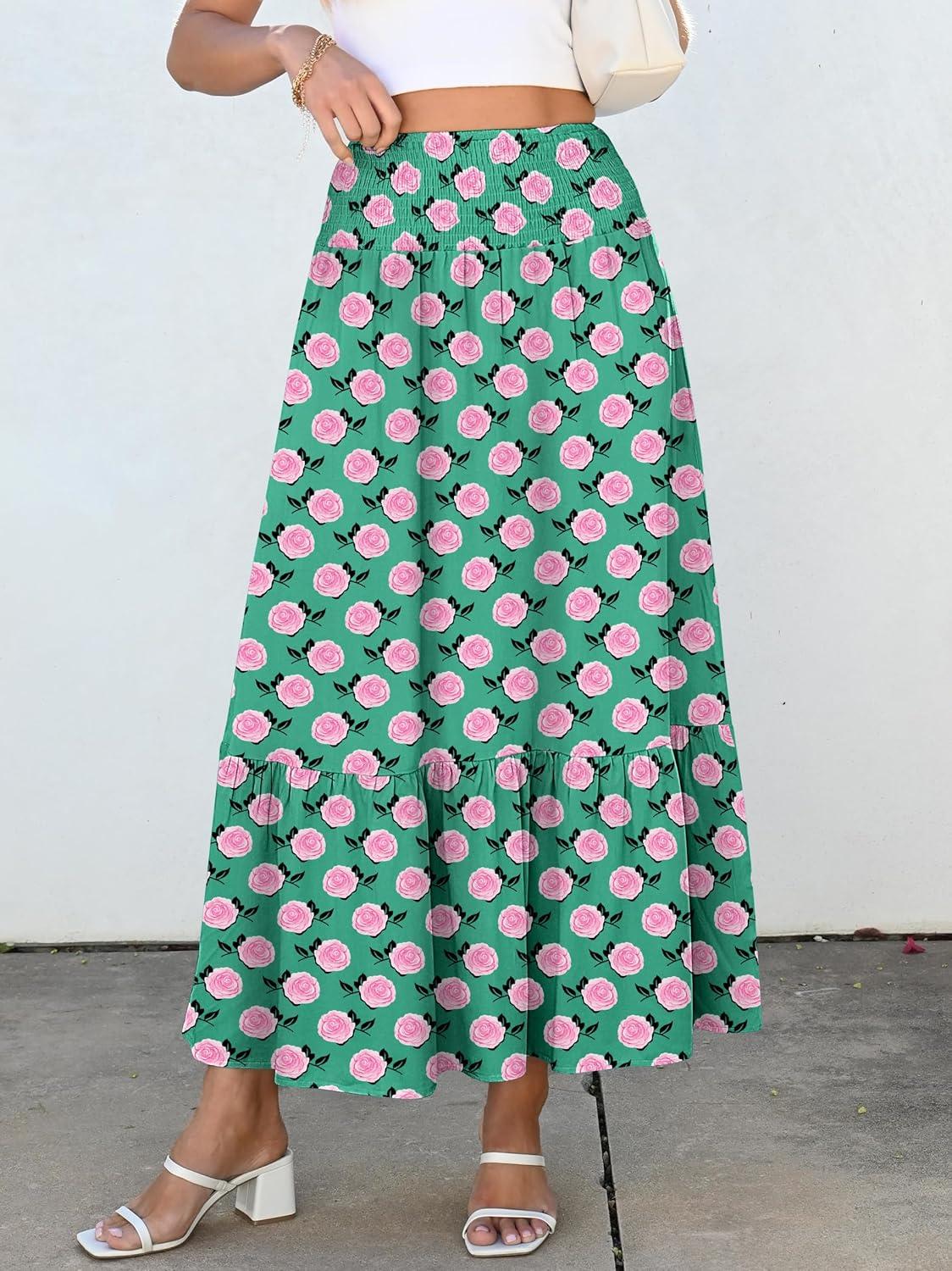 imageANRABESS Maxi Skirts for Women 2025 Summer Boho Long Flowy Floral Elastic High Waist Skirt Casual Travel Skirt with PocketsGreen