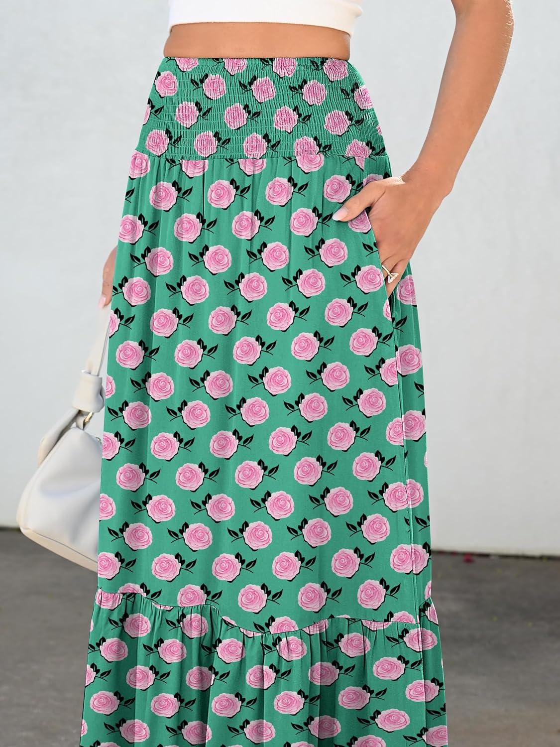 imageANRABESS Maxi Skirts for Women 2025 Summer Boho Long Flowy Floral Elastic High Waist Skirt Casual Travel Skirt with PocketsGreen