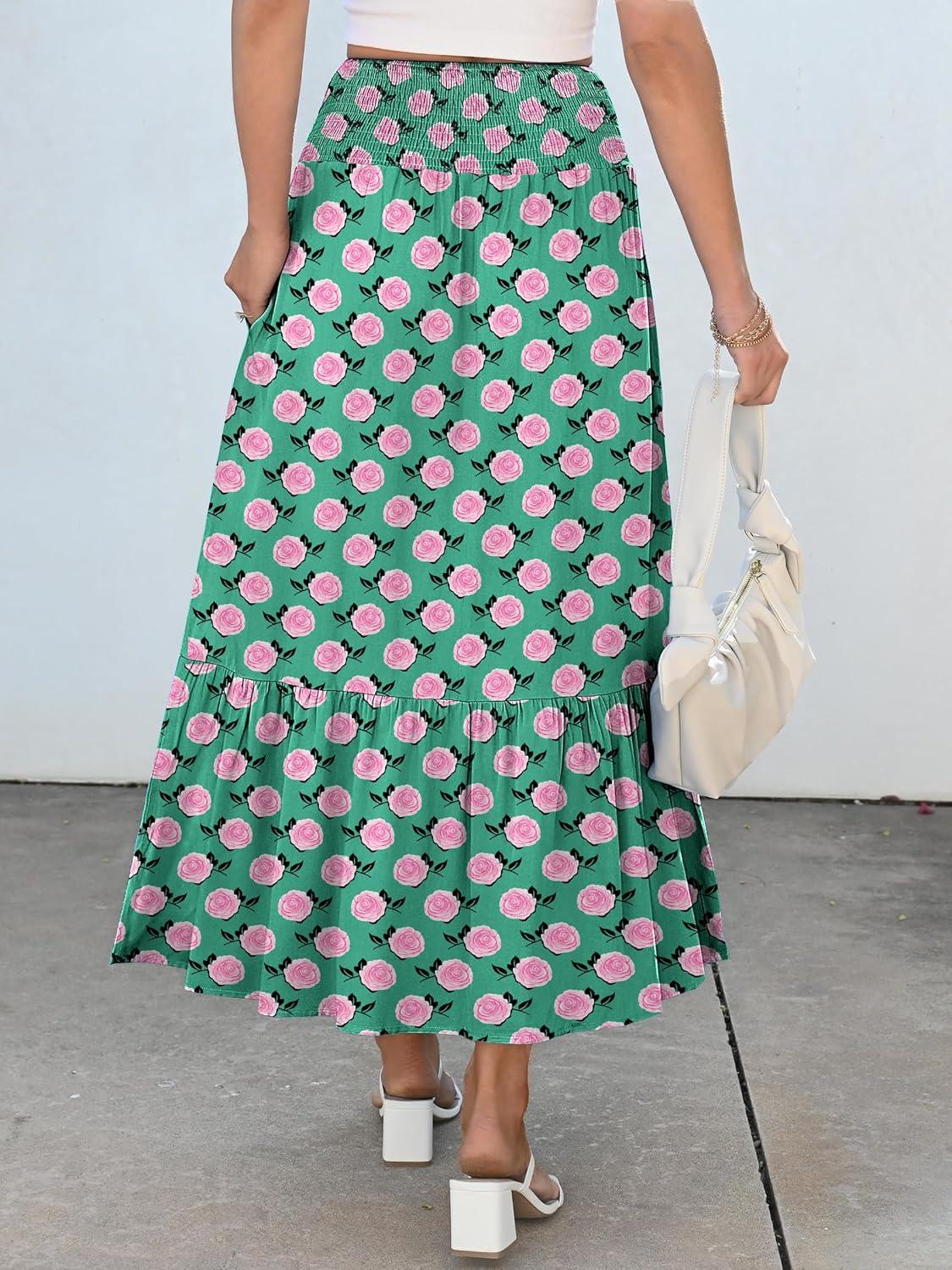 imageANRABESS Maxi Skirts for Women 2025 Summer Boho Long Flowy Floral Elastic High Waist Skirt Casual Travel Skirt with PocketsGreen