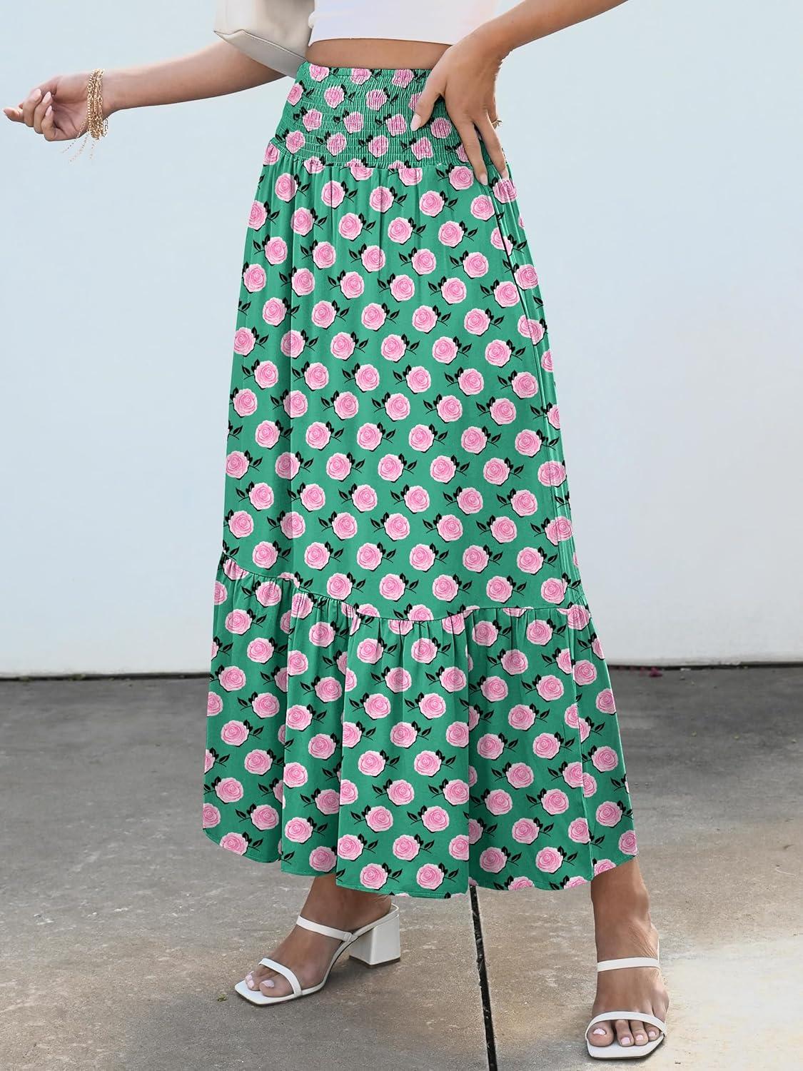imageANRABESS Maxi Skirts for Women 2025 Summer Boho Long Flowy Floral Elastic High Waist Skirt Casual Travel Skirt with PocketsGreen