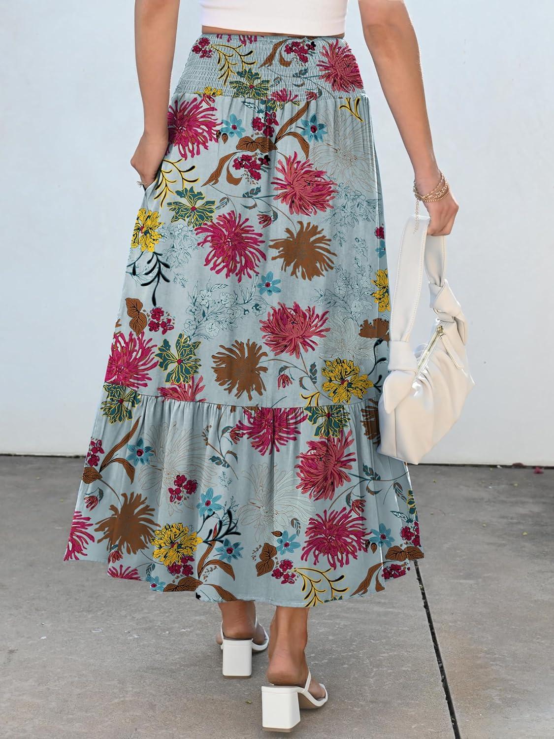 imageANRABESS Maxi Skirts for Women 2025 Summer Boho Long Flowy Floral Elastic High Waist Skirt Casual Travel Skirt with PocketsGreen Floral