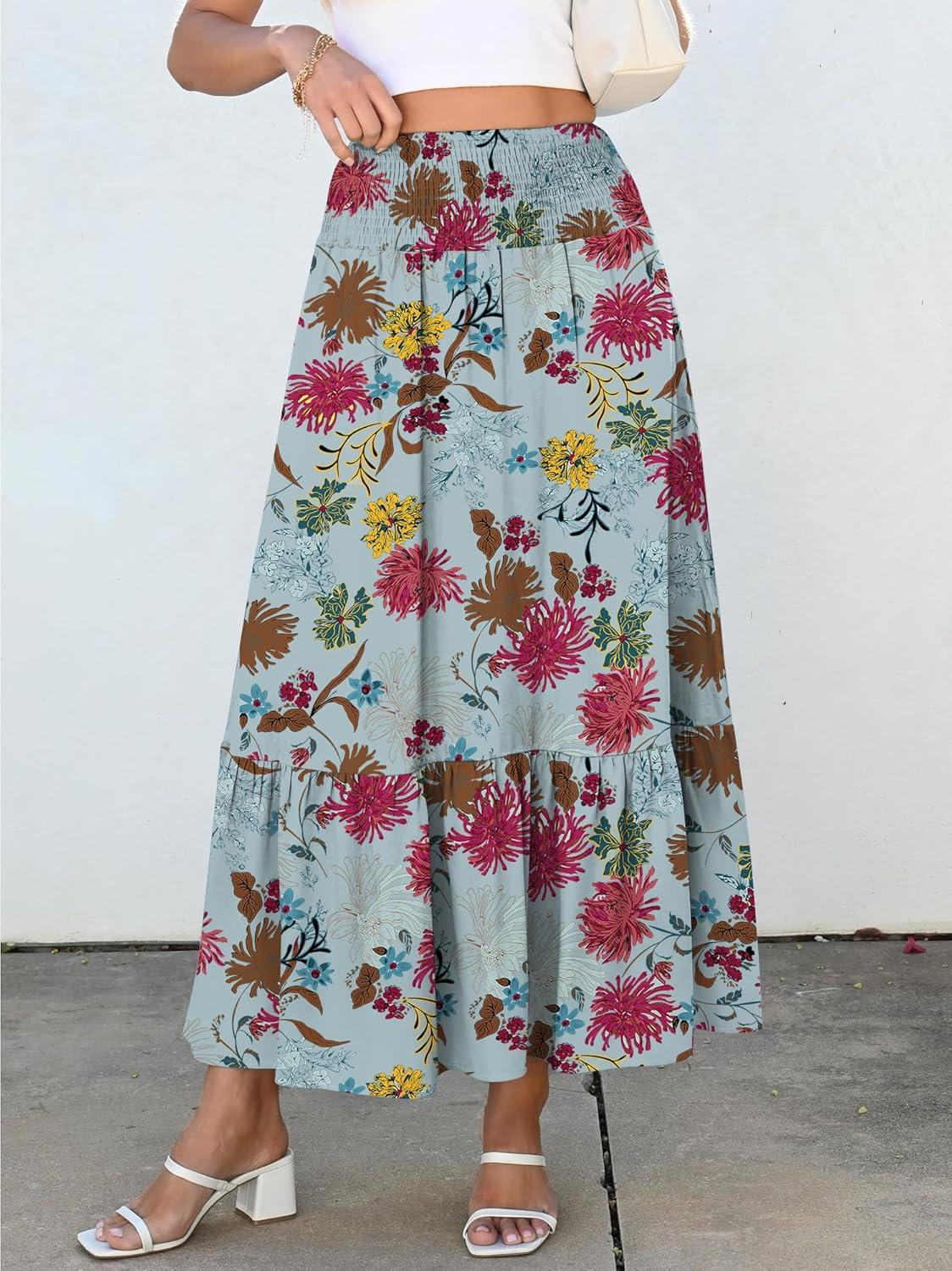 imageANRABESS Maxi Skirts for Women 2025 Summer Boho Long Flowy Floral Elastic High Waist Skirt Casual Travel Skirt with PocketsGreen Floral