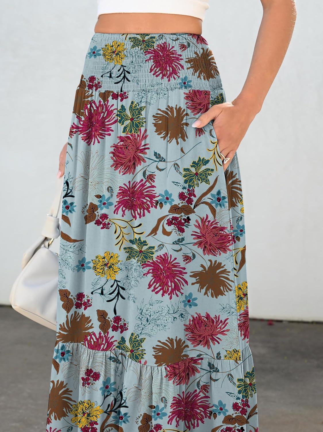 imageANRABESS Maxi Skirts for Women 2025 Summer Boho Long Flowy Floral Elastic High Waist Skirt Casual Travel Skirt with PocketsGreen Floral