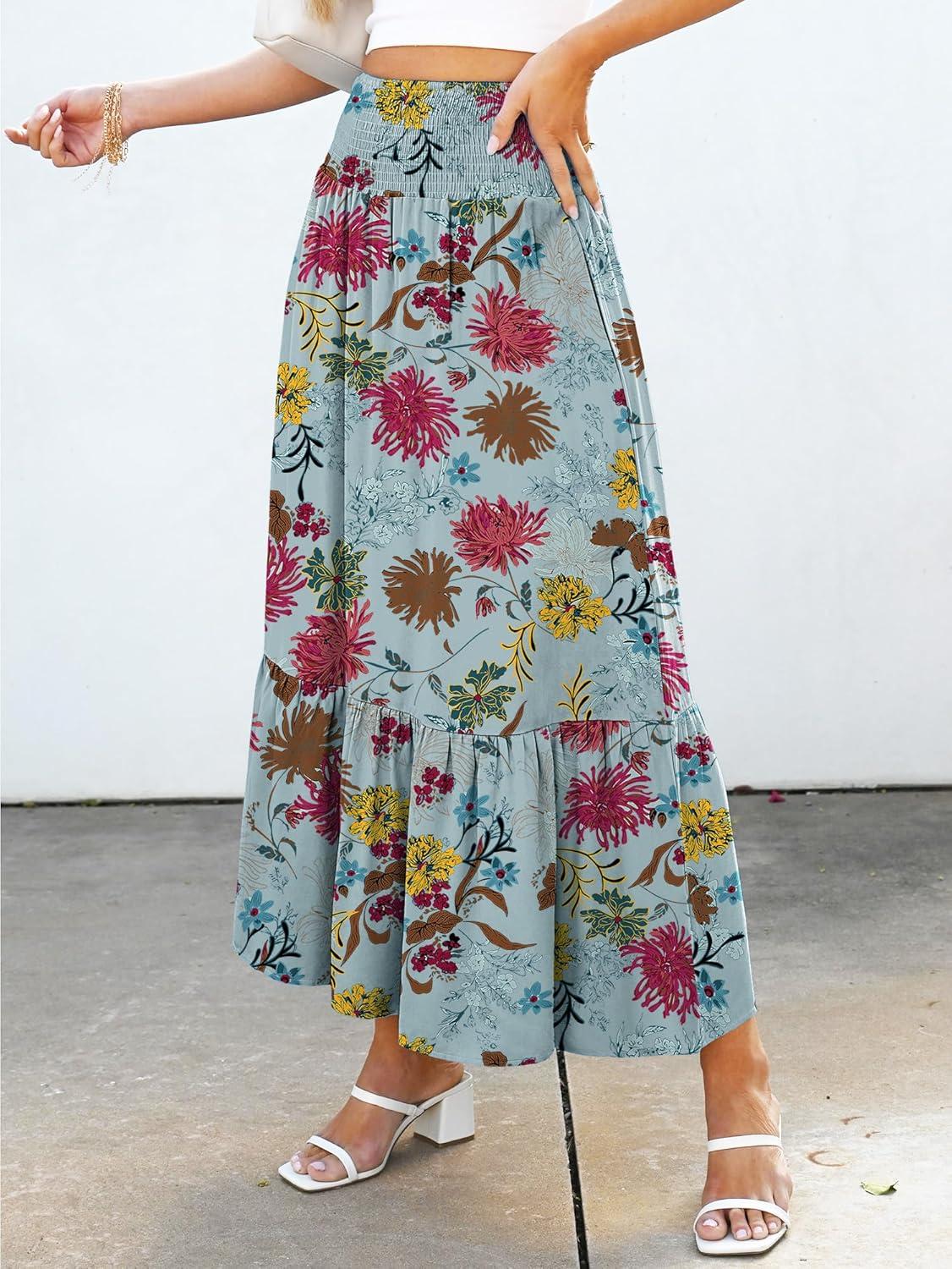 imageANRABESS Maxi Skirts for Women 2025 Summer Boho Long Flowy Floral Elastic High Waist Skirt Casual Travel Skirt with PocketsGreen Floral