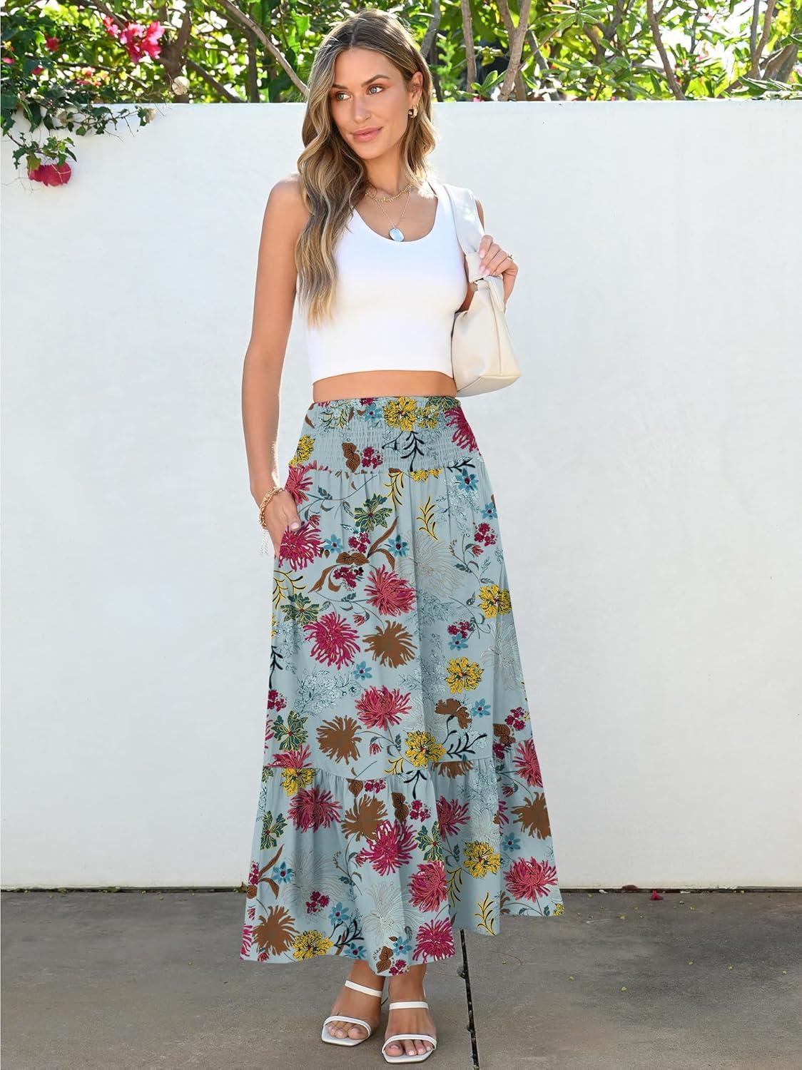 imageANRABESS Maxi Skirts for Women 2025 Summer Boho Long Flowy Floral Elastic High Waist Skirt Casual Travel Skirt with PocketsGreen Floral