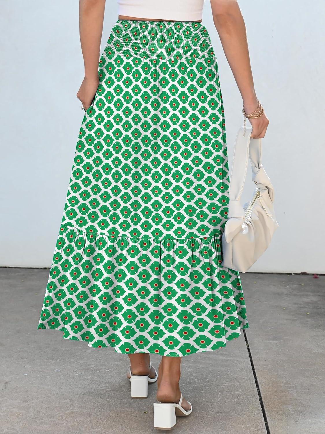 imageANRABESS Maxi Skirts for Women 2025 Summer Boho Long Flowy Floral Elastic High Waist Skirt Casual Travel Skirt with PocketsLight Green