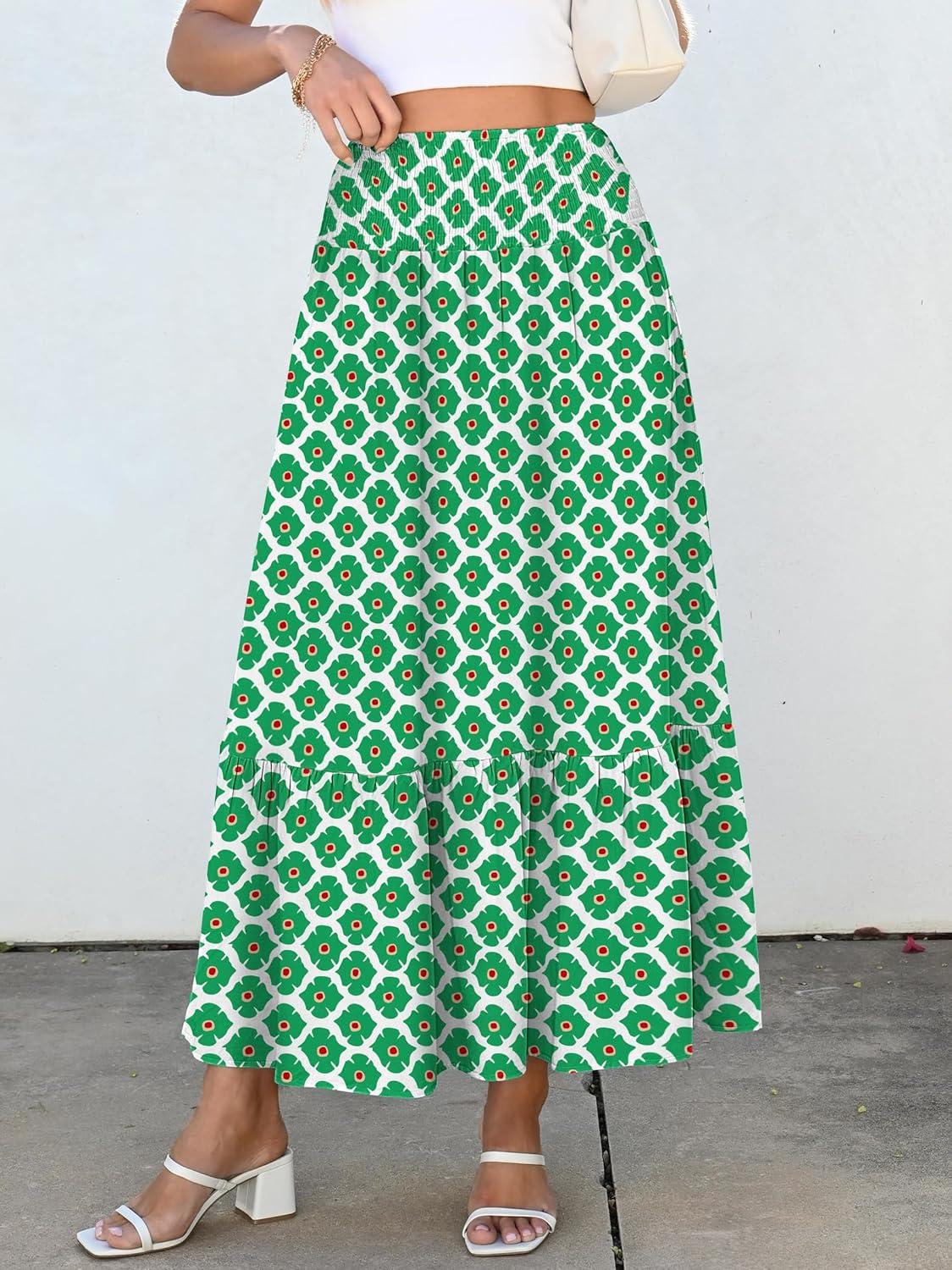 imageANRABESS Maxi Skirts for Women 2025 Summer Boho Long Flowy Floral Elastic High Waist Skirt Casual Travel Skirt with PocketsLight Green