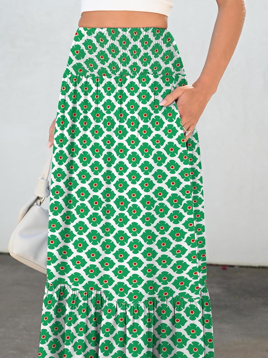 imageANRABESS Maxi Skirts for Women 2025 Summer Boho Long Flowy Floral Elastic High Waist Skirt Casual Travel Skirt with PocketsLight Green