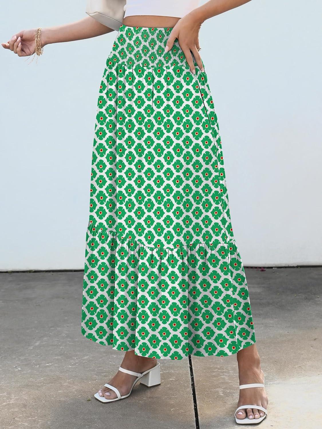 imageANRABESS Maxi Skirts for Women 2025 Summer Boho Long Flowy Floral Elastic High Waist Skirt Casual Travel Skirt with PocketsLight Green
