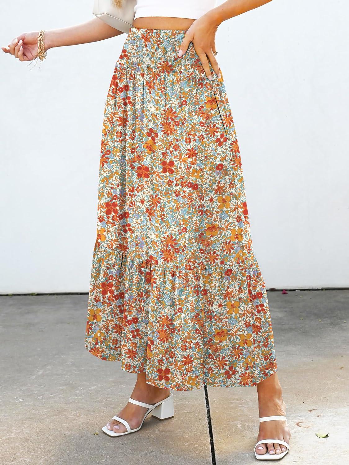 imageANRABESS Maxi Skirts for Women 2025 Summer Boho Long Flowy Floral Elastic High Waist Skirt Casual Travel Skirt with PocketsOrange Red Floral