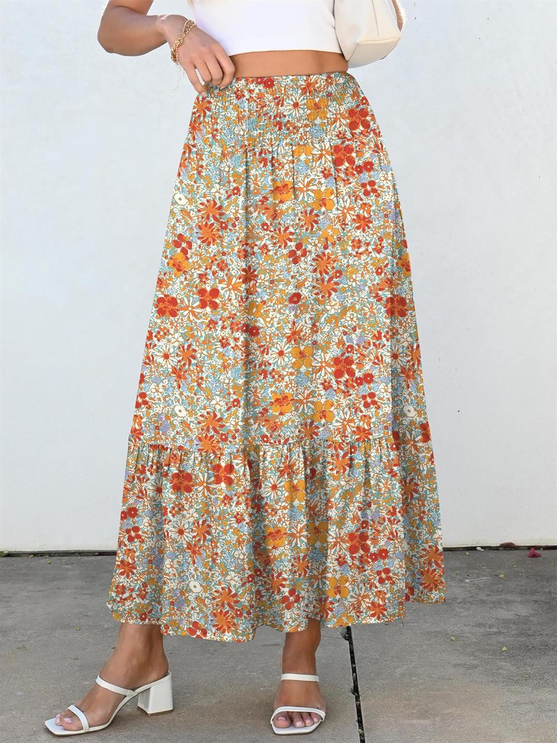 imageANRABESS Maxi Skirts for Women 2025 Summer Boho Long Flowy Floral Elastic High Waist Skirt Casual Travel Skirt with PocketsOrange Red Floral