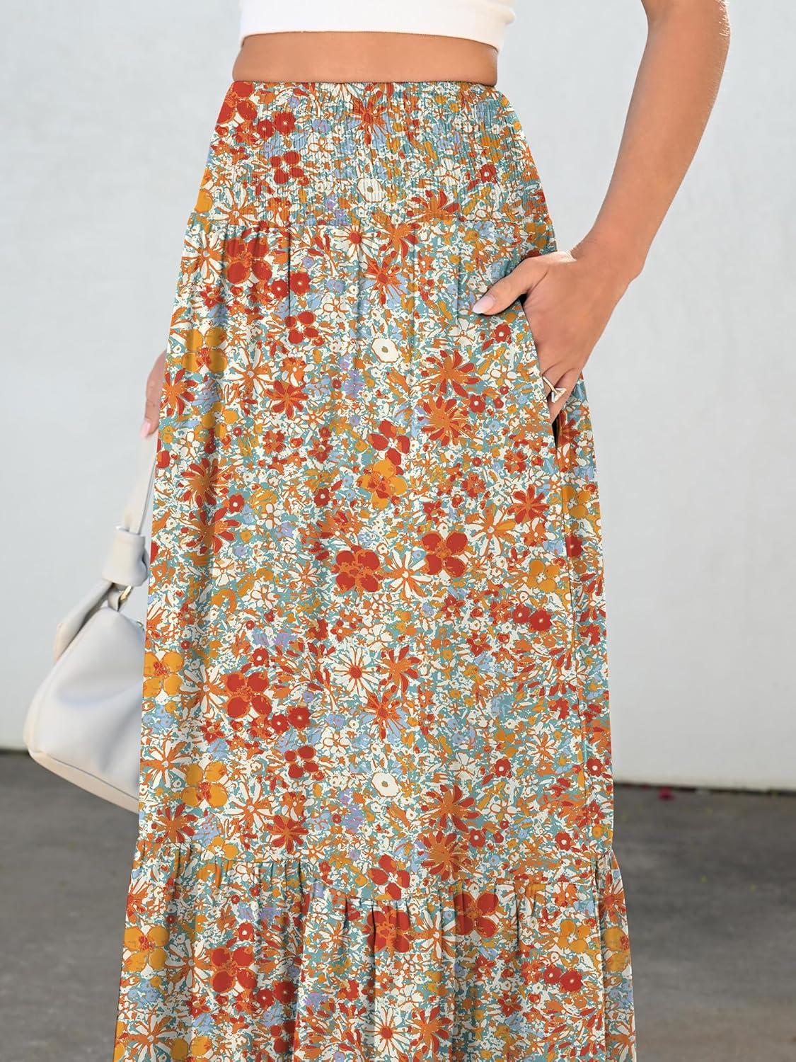 imageANRABESS Maxi Skirts for Women 2025 Summer Boho Long Flowy Floral Elastic High Waist Skirt Casual Travel Skirt with PocketsOrange Red Floral