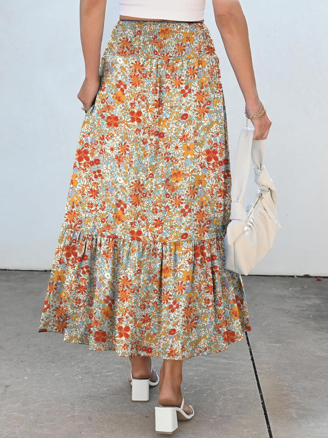 imageANRABESS Maxi Skirts for Women 2025 Summer Boho Long Flowy Floral Elastic High Waist Skirt Casual Travel Skirt with PocketsOrange Red Floral