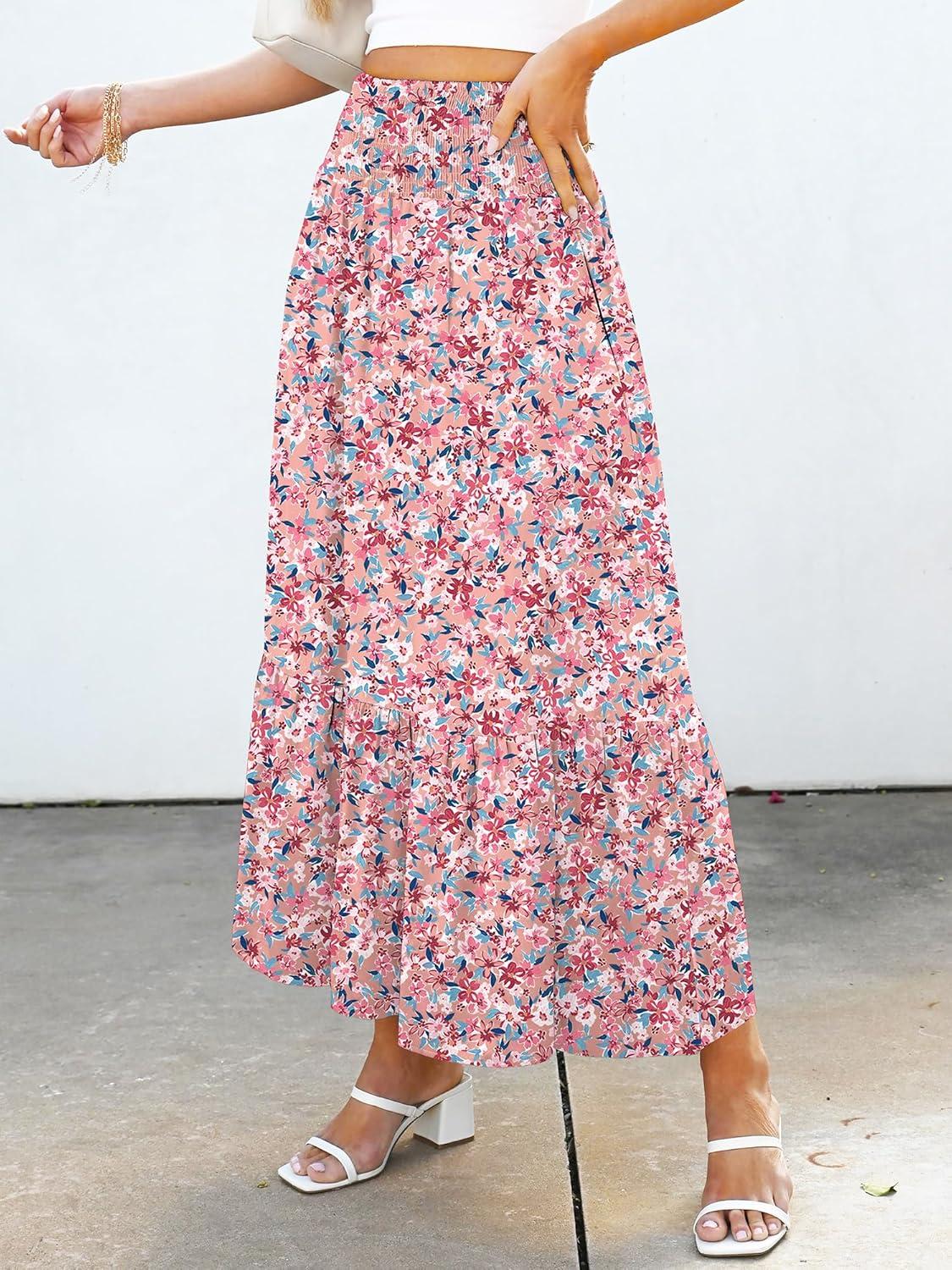 imageANRABESS Maxi Skirts for Women 2025 Summer Boho Long Flowy Floral Elastic High Waist Skirt Casual Travel Skirt with PocketsPink Floral