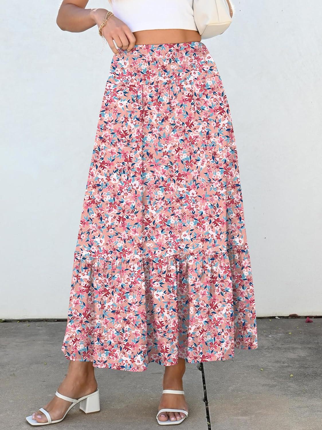 imageANRABESS Maxi Skirts for Women 2025 Summer Boho Long Flowy Floral Elastic High Waist Skirt Casual Travel Skirt with PocketsPink Floral