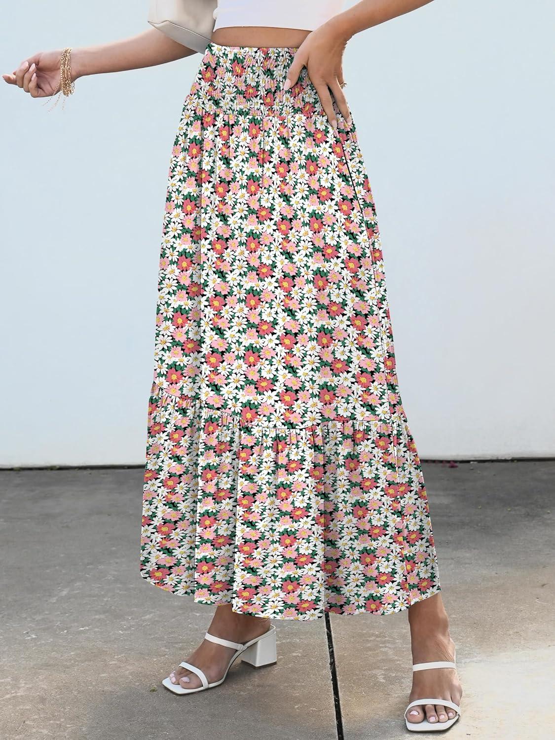 imageANRABESS Maxi Skirts for Women 2025 Summer Boho Long Flowy Floral Elastic High Waist Skirt Casual Travel Skirt with PocketsWhite Pink Floral