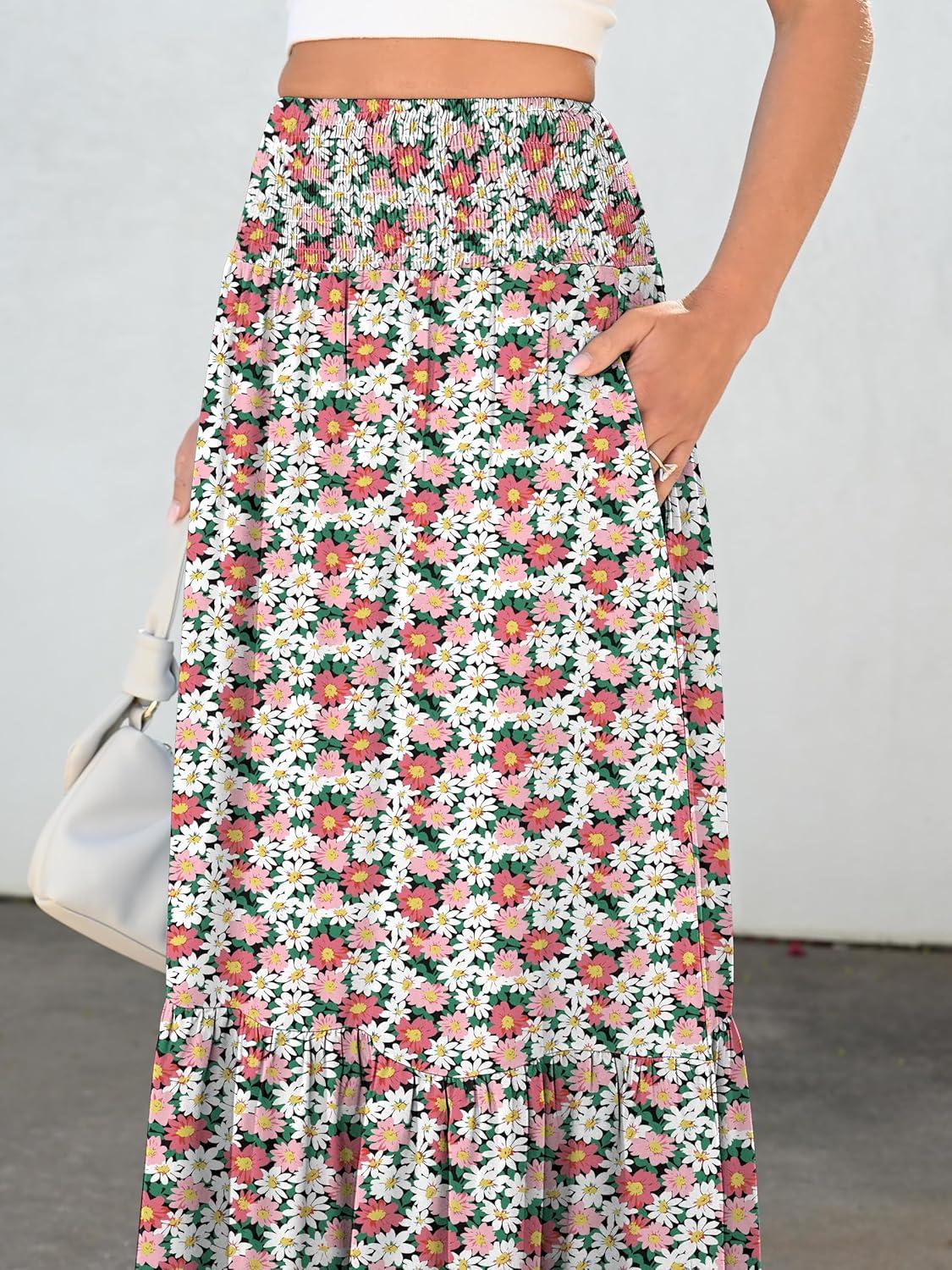 imageANRABESS Maxi Skirts for Women 2025 Summer Boho Long Flowy Floral Elastic High Waist Skirt Casual Travel Skirt with PocketsWhite Pink Floral