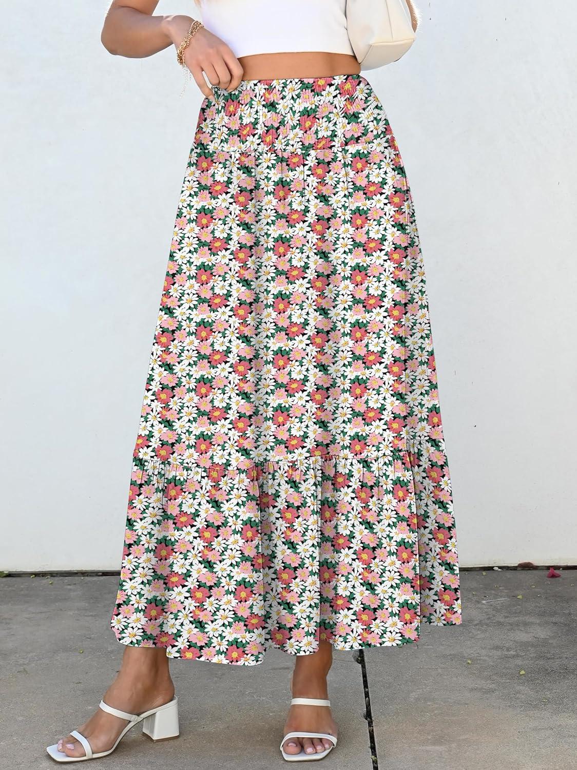 imageANRABESS Maxi Skirts for Women 2025 Summer Boho Long Flowy Floral Elastic High Waist Skirt Casual Travel Skirt with PocketsWhite Pink Floral