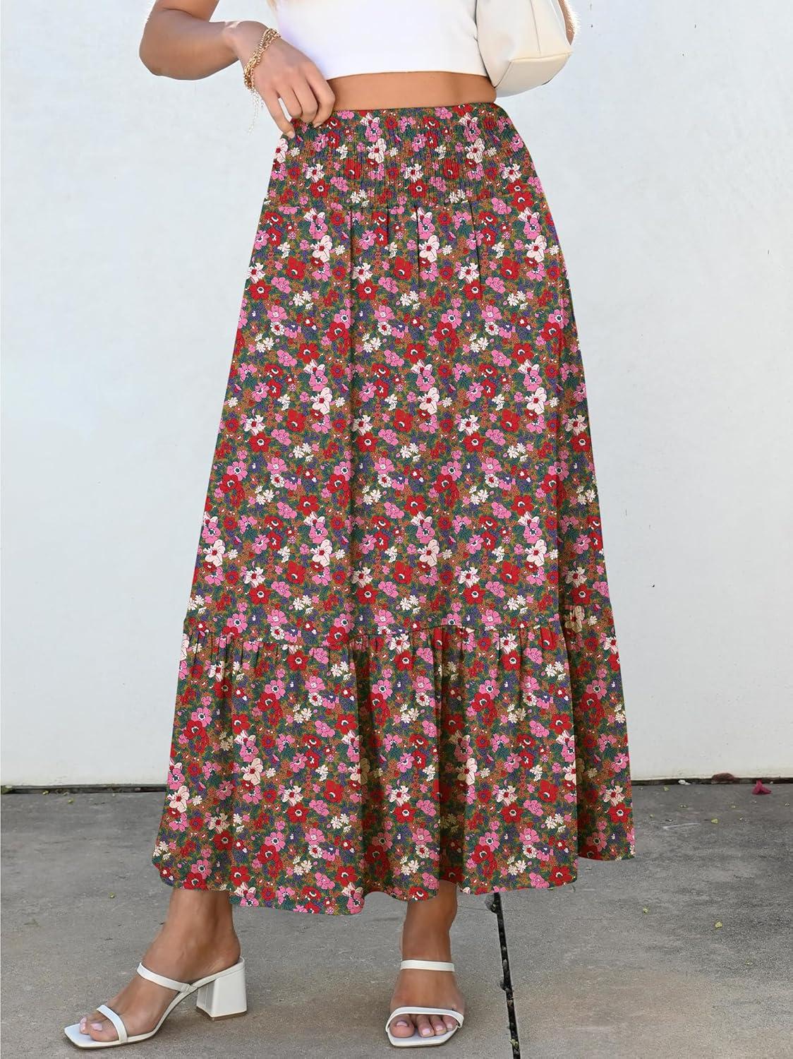 imageANRABESS Maxi Skirts for Women 2025 Summer Boho Long Flowy Floral Elastic High Waist Skirt Casual Travel Skirt with PocketsWhite Red Floral