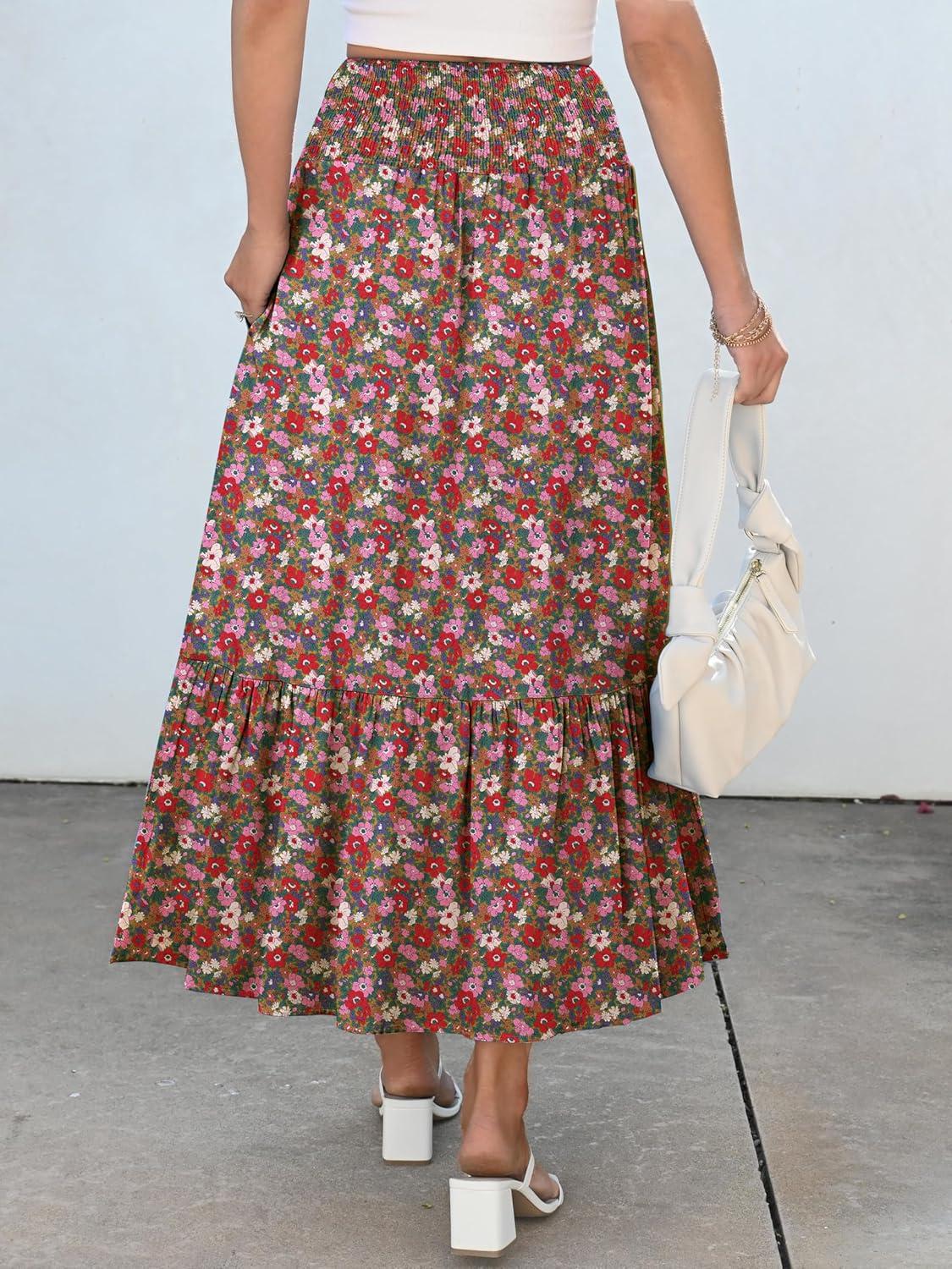 imageANRABESS Maxi Skirts for Women 2025 Summer Boho Long Flowy Floral Elastic High Waist Skirt Casual Travel Skirt with PocketsWhite Red Floral