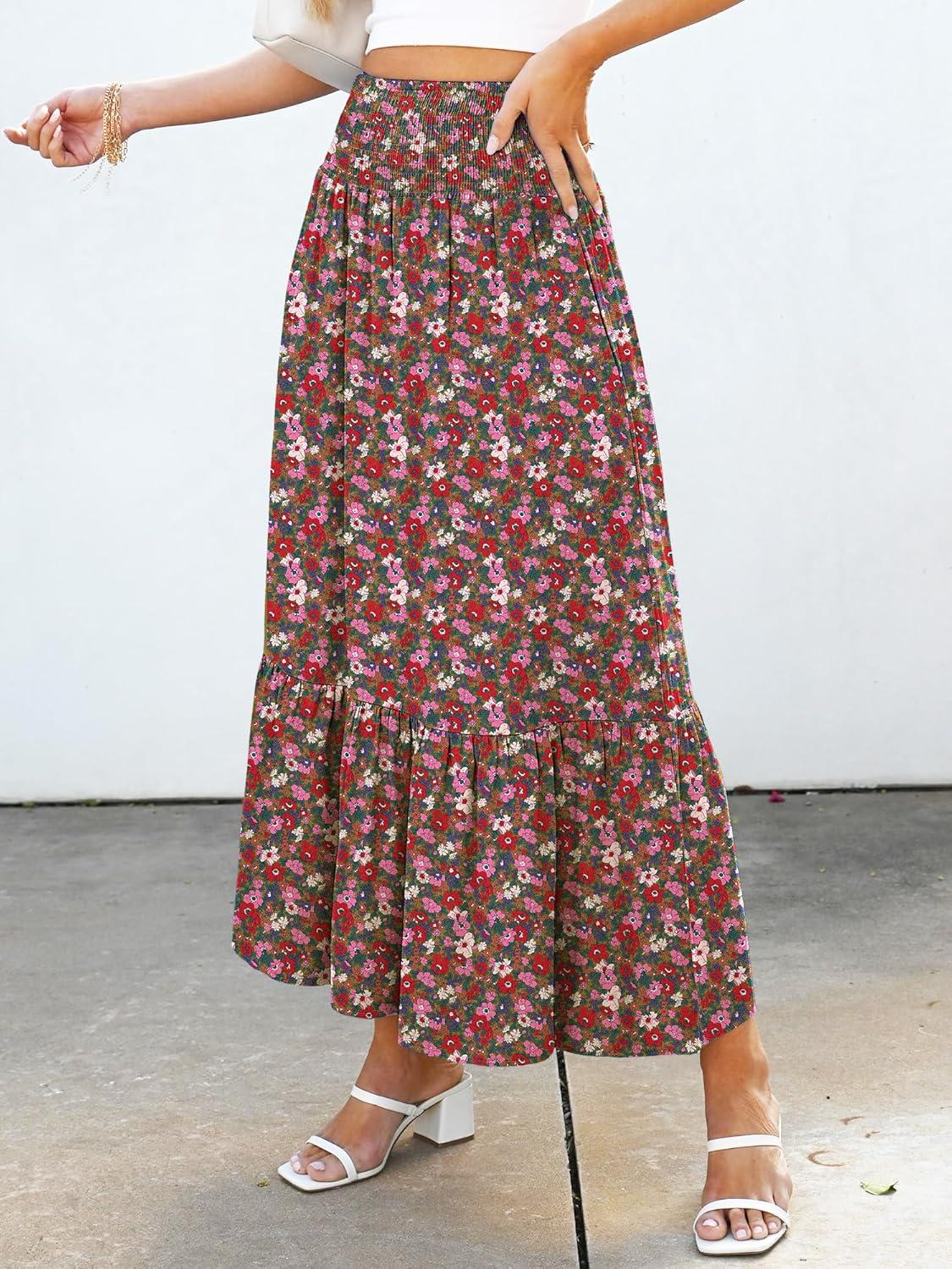 imageANRABESS Maxi Skirts for Women 2025 Summer Boho Long Flowy Floral Elastic High Waist Skirt Casual Travel Skirt with PocketsWhite Red Floral