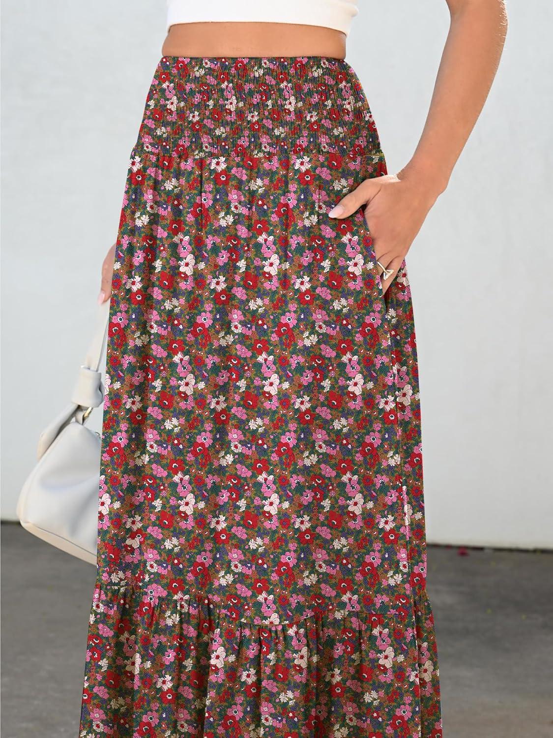 imageANRABESS Maxi Skirts for Women 2025 Summer Boho Long Flowy Floral Elastic High Waist Skirt Casual Travel Skirt with PocketsWhite Red Floral